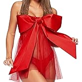 HOTSO Sexy Christmas Lingerie Mesh Chemise Santa Babydoll Tube Top Dress Women Big Ribbon Bow Teddy Nightdress with G-String Red