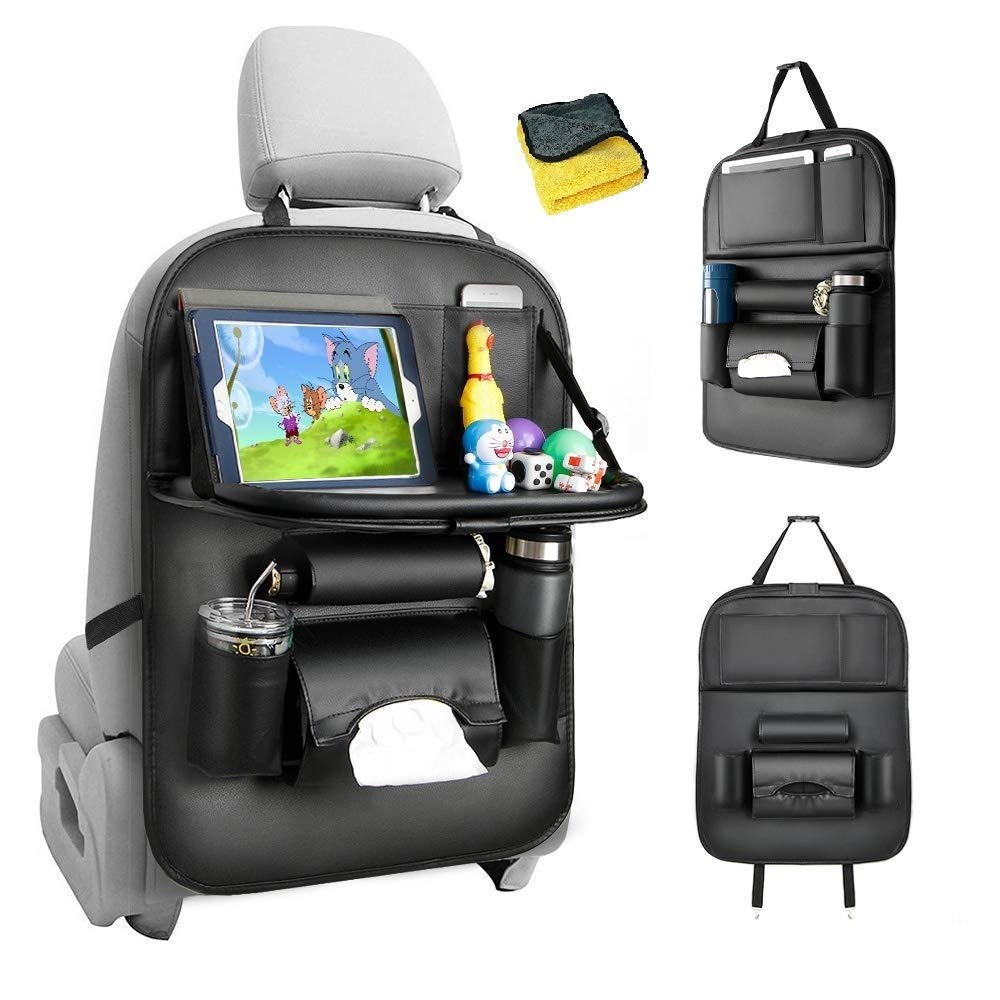 Heyham PU Leather Car Seat Back Organizer, HE-TOP 1 Pack Waterproof Kick Mats Car Tray Table for Kids Multi-Pocket Travel Car Storage With Touch Screen iPad and Foldable Dining Table Holder