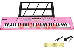 24HOCL 61 Keys Keyboard Piano Lighted Keys, Kids Piano Keyboard with UL Adapter, Stand, Built-In Speaker, Mic, Portable Electronic Keyboard for Boys, Girls, Beginners Birthday Holidays Best Gifts