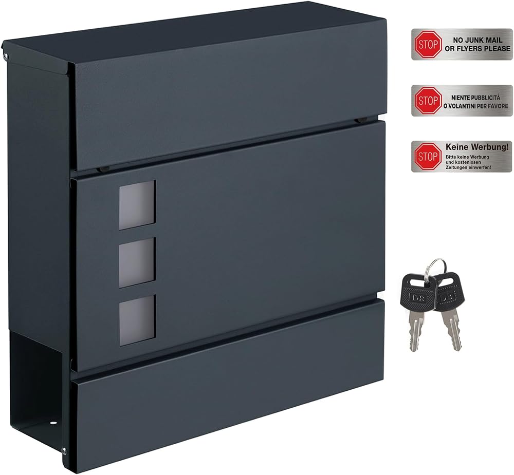 SONGMICS Modern Mailbox Lockable Wall-Mounted Anthracite Grey GMB052G01