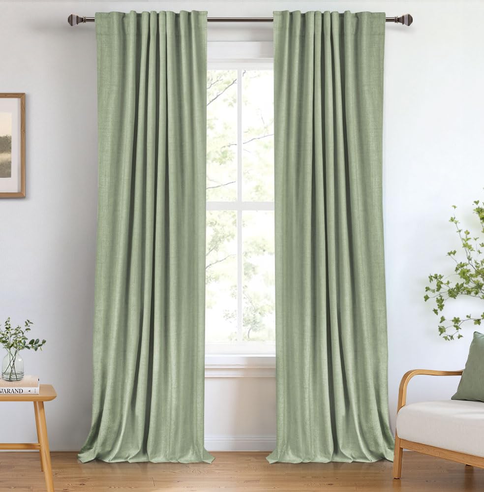 Photo 1 of 100% Blackout Shield Linen Blackout Curtains for Bedroom 108 Inches Long, Back Tab/Rod Pocket Living Room Drapes, Thermal Insulated Blackout Curtains 2 Panels Set, 50" W x 108" L, Sage