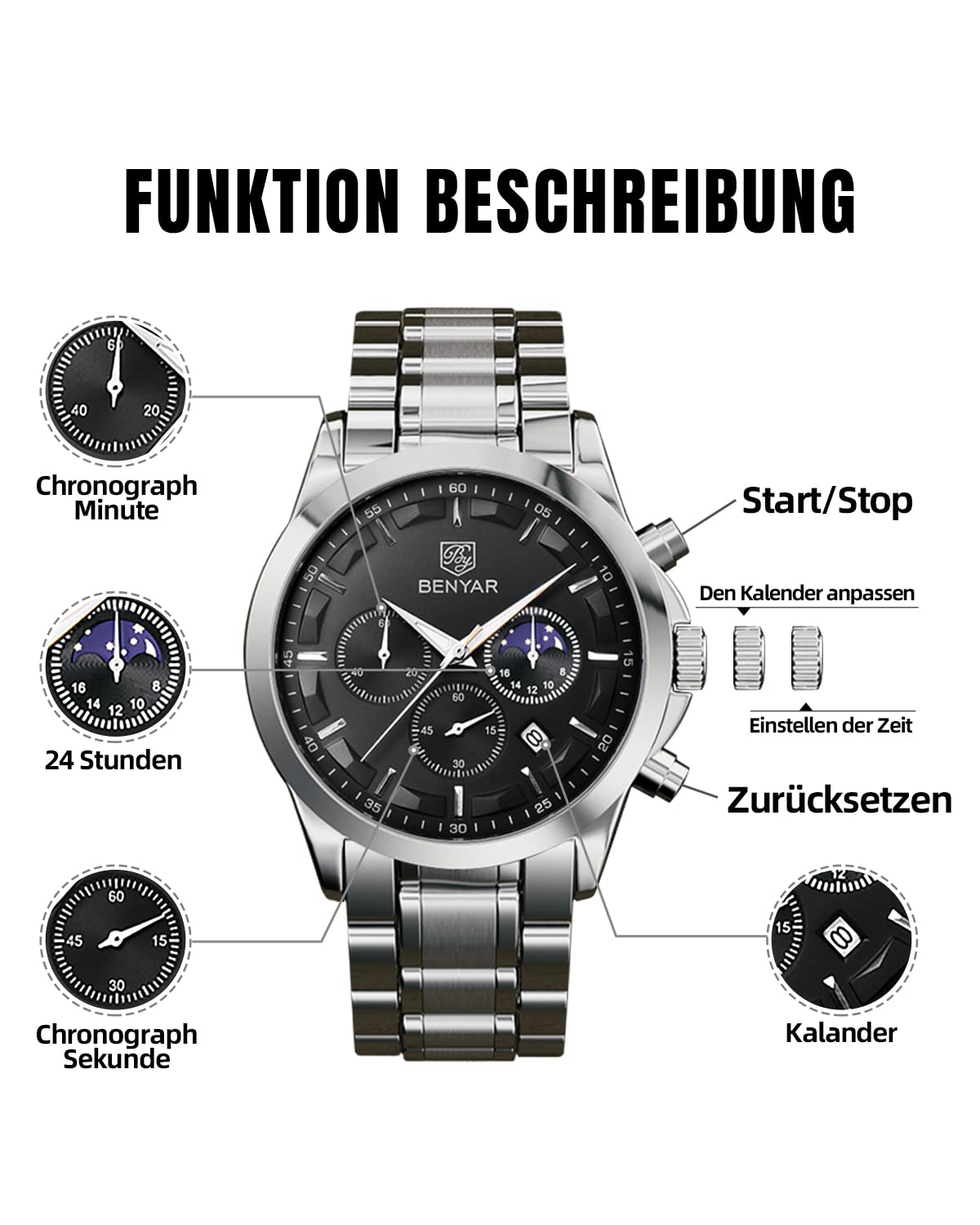 BY BENYAR Herrenuhr Uhren Herren Wasserdicht Herrenuhren Chronograph m?nner Armbanduhr für Herren Eleganz Lederarmband/Edelstahl Quarz Geburtstags/Weihnachts Gold/Silber/Blau/Schwarz