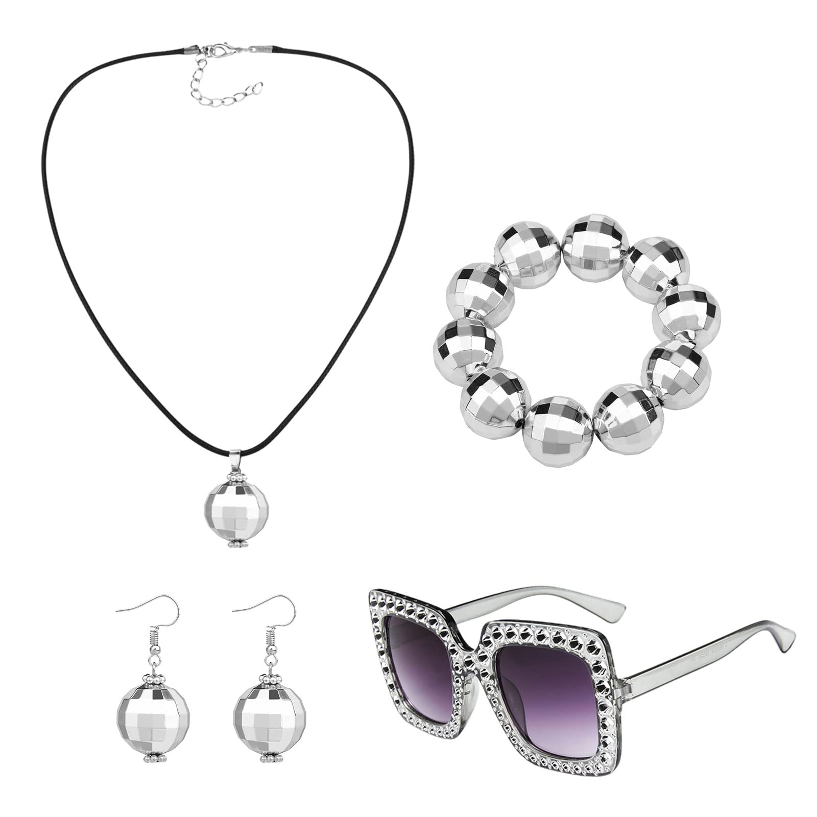 MIVAIUN 4-Piece 1970s Disco Accessories Set - Ball Earrings, Bling Necklace, Bracelet, Headband, Sunglasses for 70/80s Disco Retro Cosplay Costumes (4 pcs)