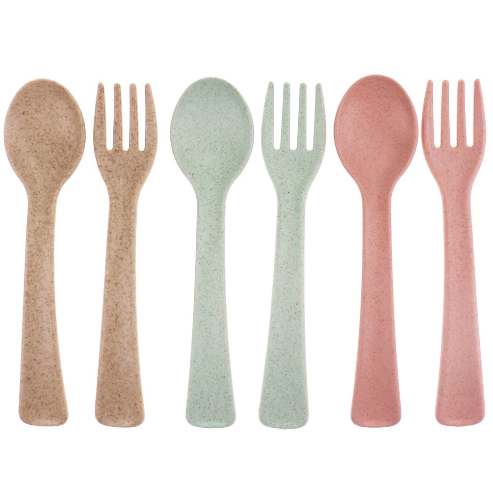 Photo 1 of Toddler Forks and Spoons Utensils Set Baby Silverware Kids Forks and Spoons Set 6 Piece Natural Wheat Straw Material Self Feeding Training Cutlery for Baby Eating 12-48 Months Infant Dishwasher Safe