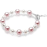 Baby Crystals Sterling Silver Pearl Bracelet for Baby Girls – Newborn, Infant, Toddler, Pink and white Simulated Pearls & Crystals, Safe Keepsake Children’s Jewelry Bracelets for Girls
