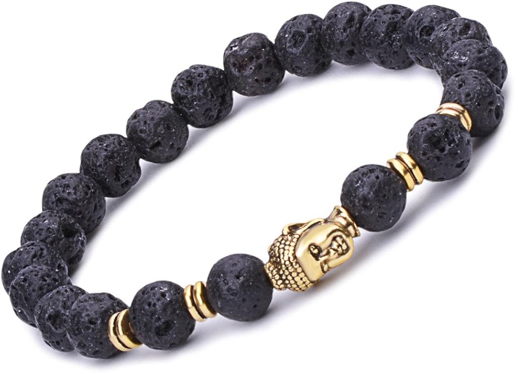 Infinite U Alloy Lava Stone Stretch Bracelet for Men Women 9mm Buddha Beads Great for Yoga Meditation Black 18cm, Stone Metal