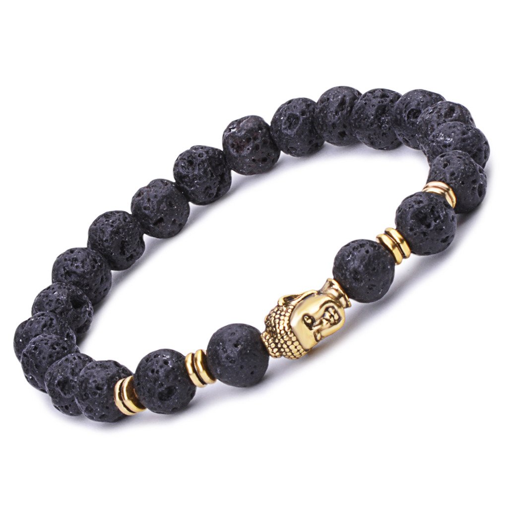 Infinite U Alloy Lava Stone Stretch Bracelet for Men Women 9mm Buddha Beads Great for Yoga Meditation Black, 18cm, Stone Metal