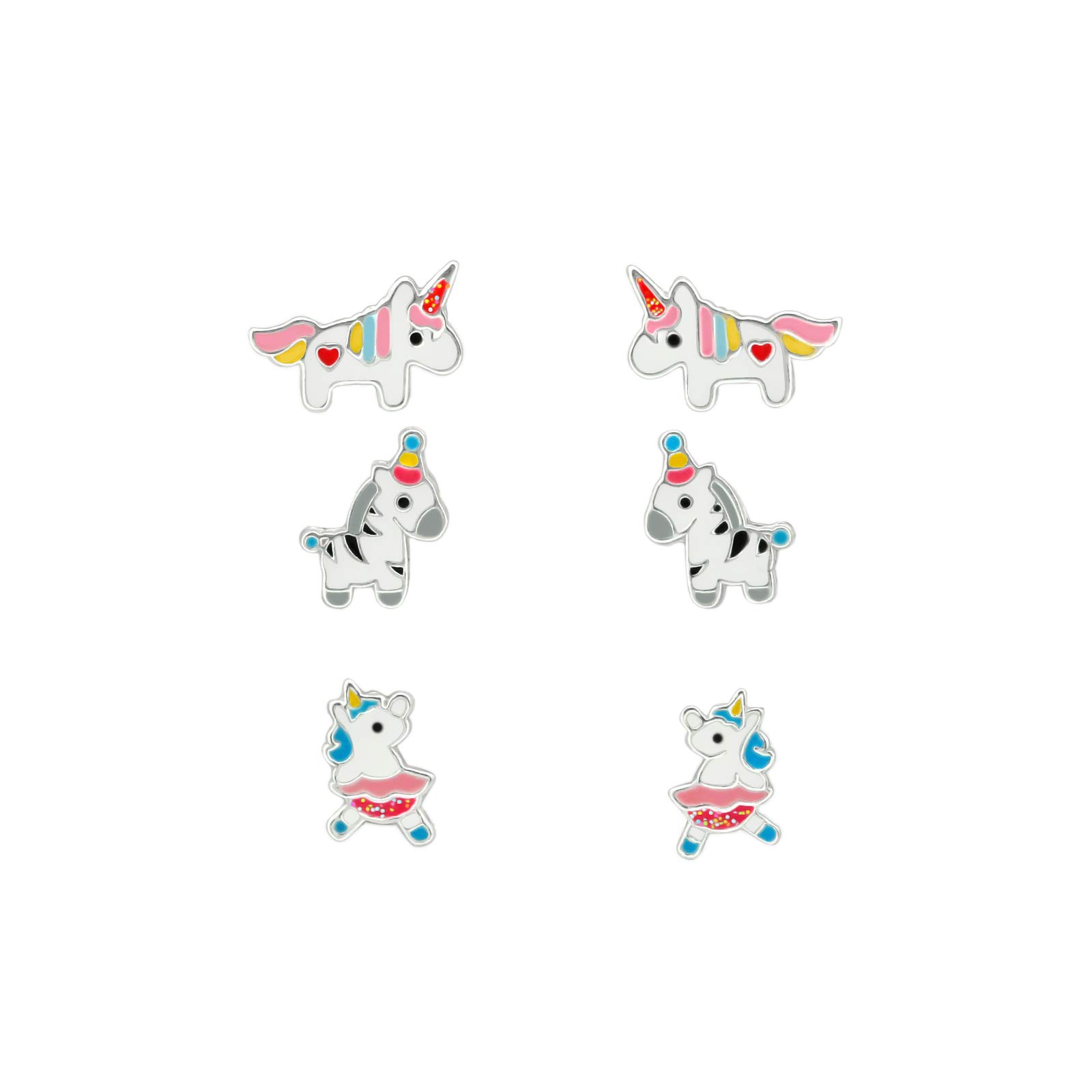 The Rose & Silver Company Girls 925 Sterling Silver Unicorn Zebra Stud Earrings Set
