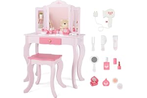 INFANS Kids Vanity, 2 in 1 Wooden Princess Makeup Table and Stool Set with Tri-Folding Detachable Mirror 10 Accessories, Toddler Pretend Beauty Dressing Play for Girls Aged 3+