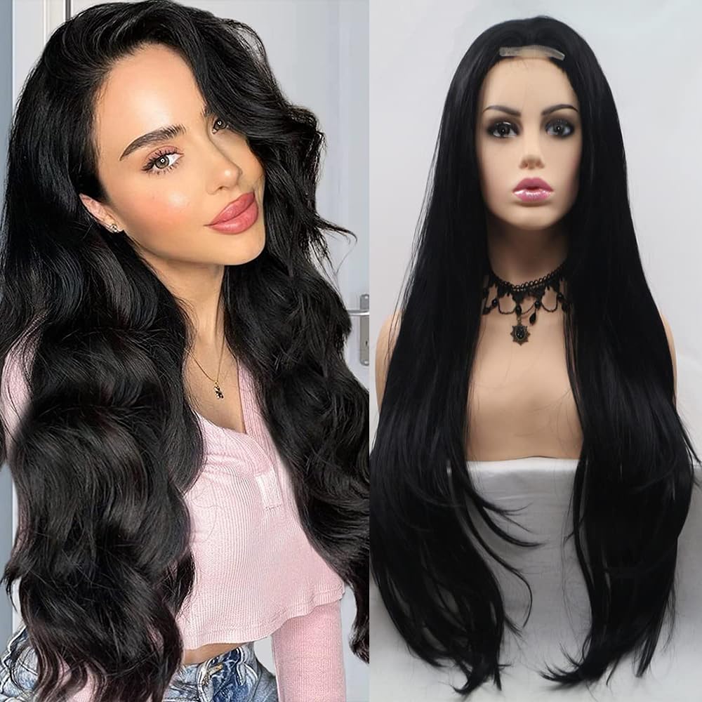 Xiweiya 1b# Black Lace Front Wig Long Natural Wavy 4x1 U part Lace Front Wig Perfect Hairline Soft Body Wave Black Wig Heat Resistant Fiber Hair 150% Density Wig For Wmen 24inch