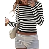 BAIGRAM Women Y2K Boat Neck Striped Crop Sweater Long Sleeve Slim Fit Knit T-Shirt Top Aesthetic Preppy Pullover Fall Outfits