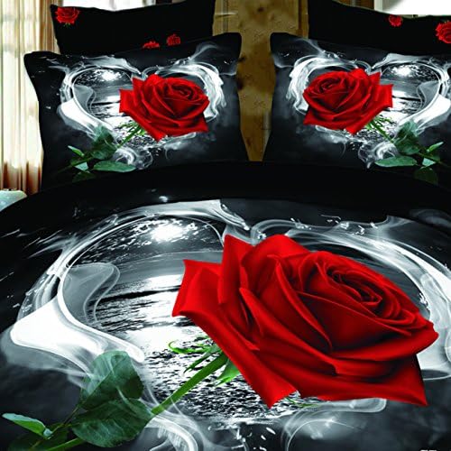 HYAM 4pc 100% Cotton 3d Duvet Cover Set No Inside Comforter or Duvet Blossom Red Rose Printing Full Size (mxly-07)