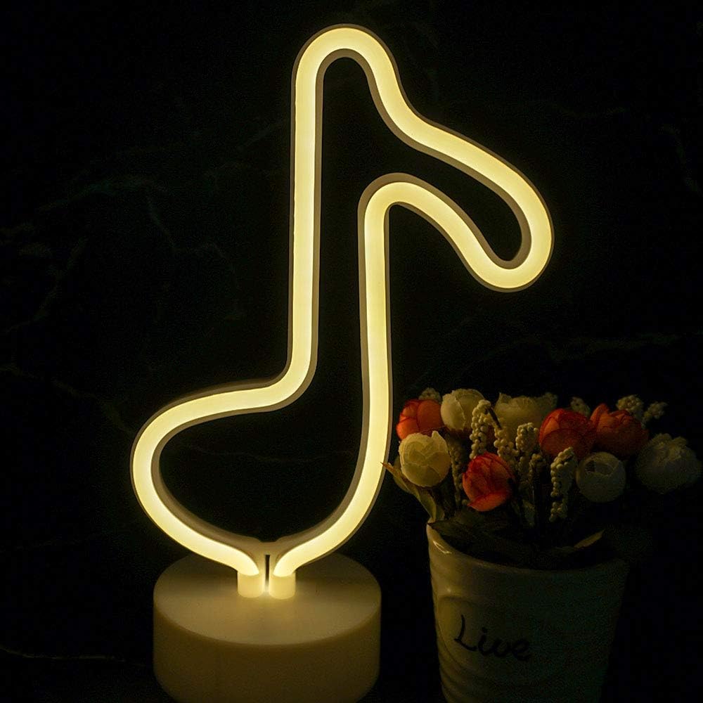 Neon Sign Light, Indoor Decorative Art Glowing Night Light Battery Powered for Room Wall Decor Home Party Camping Wedding Festival Bar Decor (Music, Yellow)
