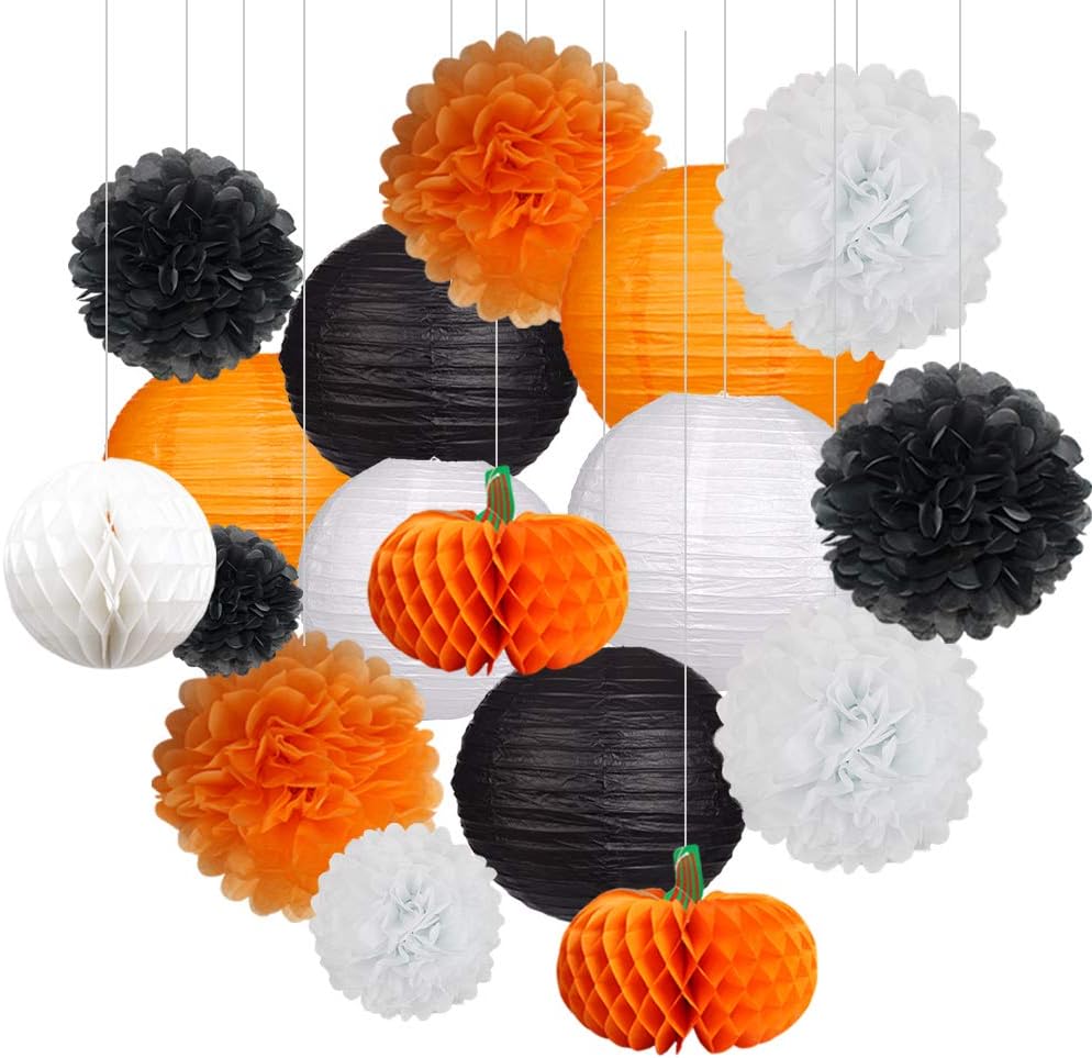 18Pcs Party Pack Paper Lanterns and Pom Pom Balls Hanging Decoration for Halloween Wedding Birthday Baby Shower-Black/Orange/White