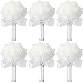 Jutom 6 Pack Wedding Bouquets for Bride Roses Bridesmaid Bouquet Bridal Bouquet Flowers Wedding Hand Holding Bouquet with Diamond Soft Ribbons for Engagement Bridal Shower Church Party (White)