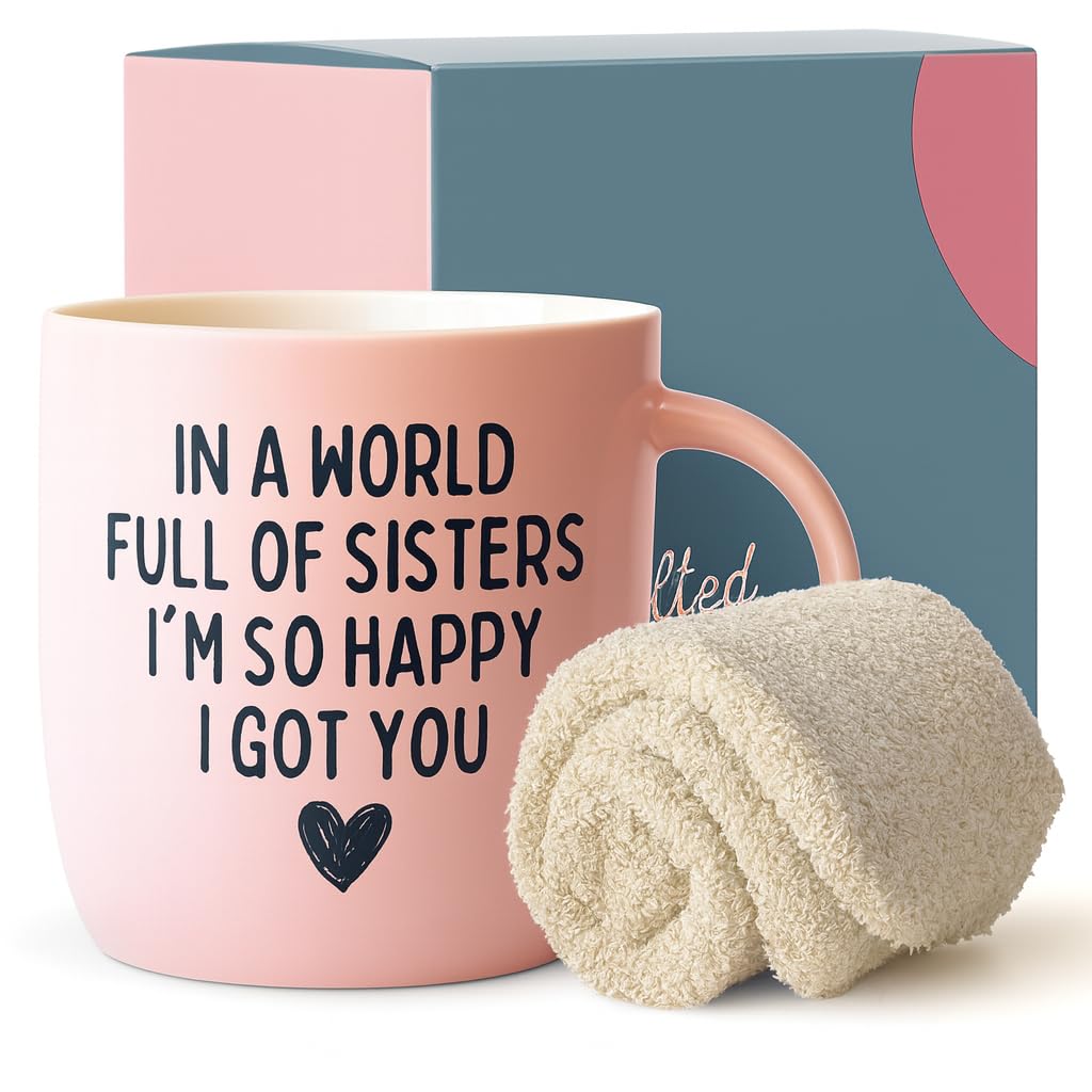 Triple Gifffted Best Sister Ever Pink Coffee Mug & Socks, Gifts for Little Big Sisters, Birthday Presents Ideas, Valentines, Mothers Day, Christmas for Younger and Older Sibling, Ceramic Cup 380ML