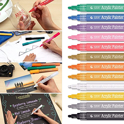 12 Colors Acrylic Paint Markers Pens,Permanent Paint Pen Art Markers Set for,Can be Used Body Painting,Rock Painting,Mug,Glass Painting Writing, DIY Craft Projects,Metal,Porcelain,Canvas (12 / Pack
