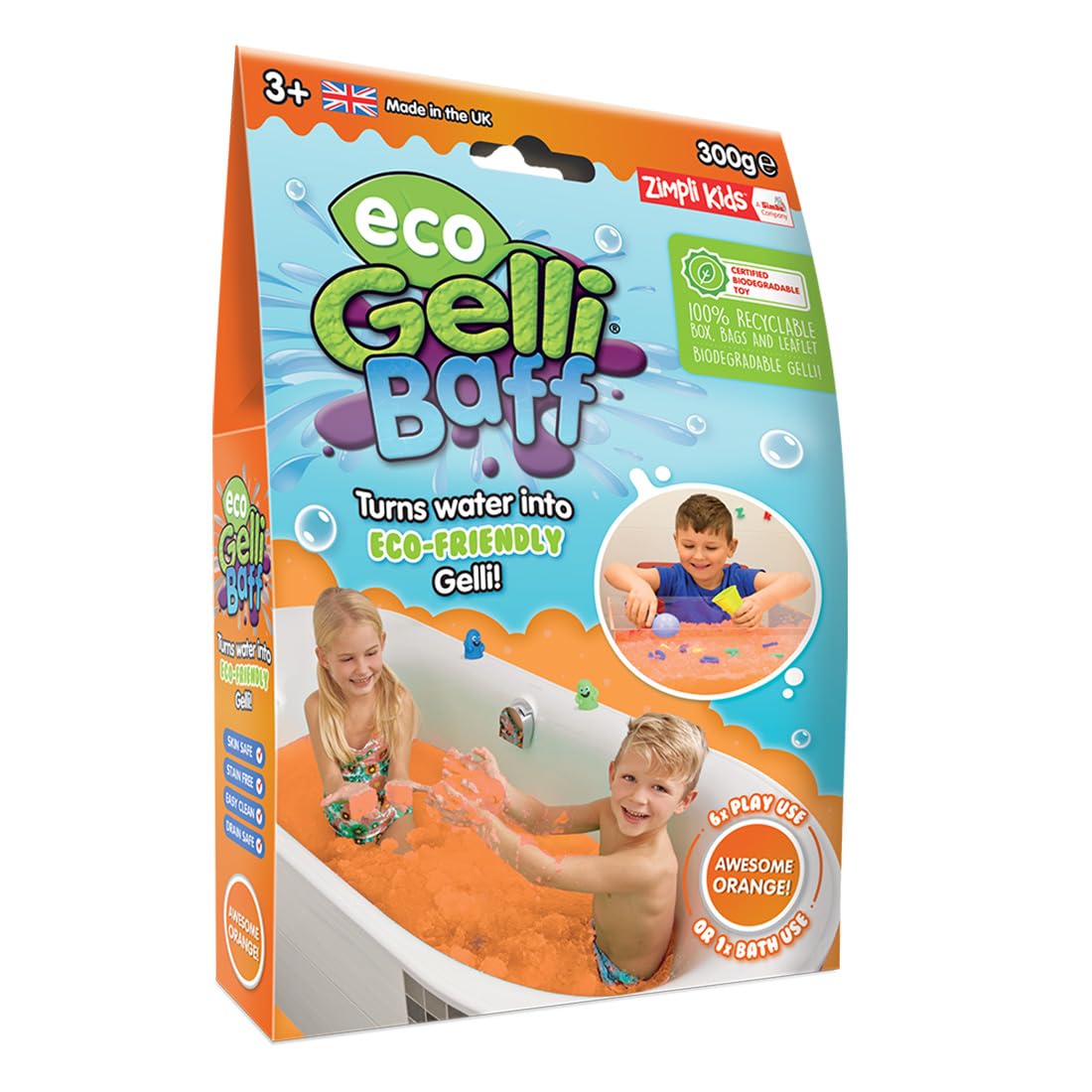 ZIMPLI - Eco Gelli Baff Orange, 1 Bath or 6 Play Uses, Just Add Water to create colourful goo, Eco-Conscious Bath Toy, Certified Biodegradable