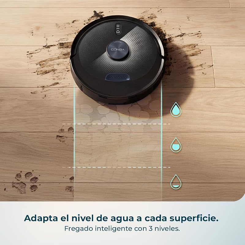 Robô aspirador e esfregão de chão com AI Conga M90 Dark. Navegação a laser, aspiração motora 25000Pa, autonomia 240 minutos, escova de silicone, para animais de estimação, Bluetooth e WiFi, controlo por aplicação