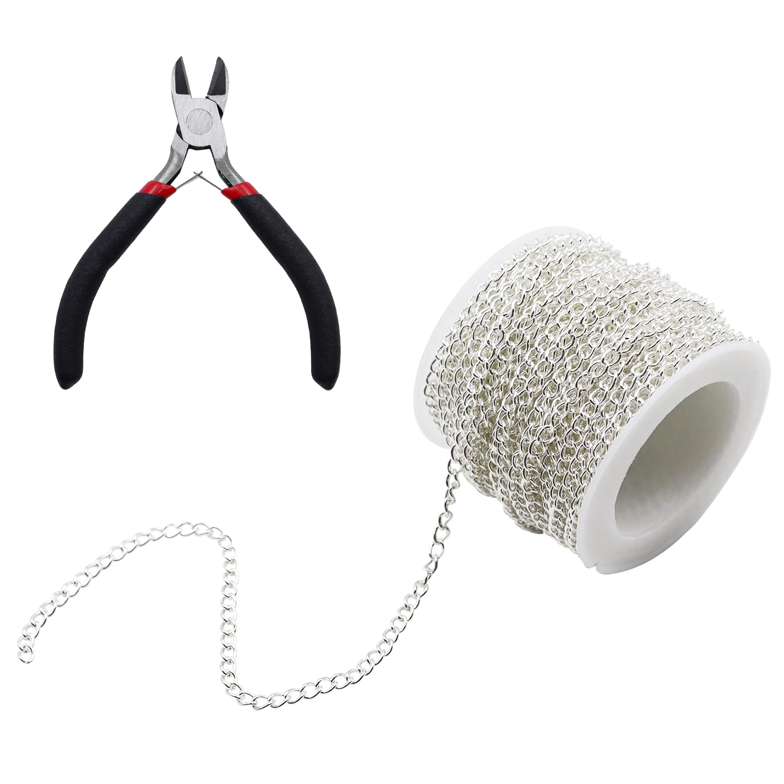 TXS 33 Feet Silver Chain for Jewellery Making with Jewelry Pliers Jewellery Making Chains for Jewellery Making Stainless Steel Chain Link Chain with Spool Necklace Chains for Jewellery Making 4X2.7mm