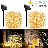 2 Pack 100 LED 8 Modes Copper Wire Waterproof Solar Fairy String Lights,Warm White