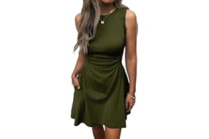 Mieazom Women's Casual Dress Summer Sleeveless Ruched Waist Elegant Pleated Slim-Fit Mini Dresses with Pockets