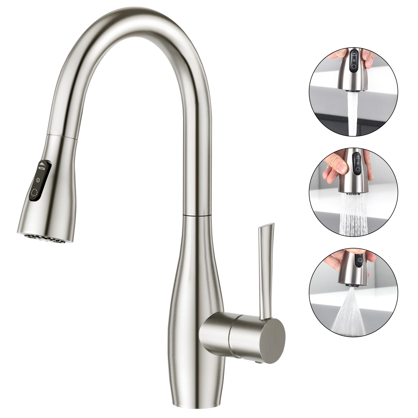 CREA Kitchen Tap With Pull Out Spray, 3 Function 360° Swivel Mixer for Sink, Single Handle Stainless Steel