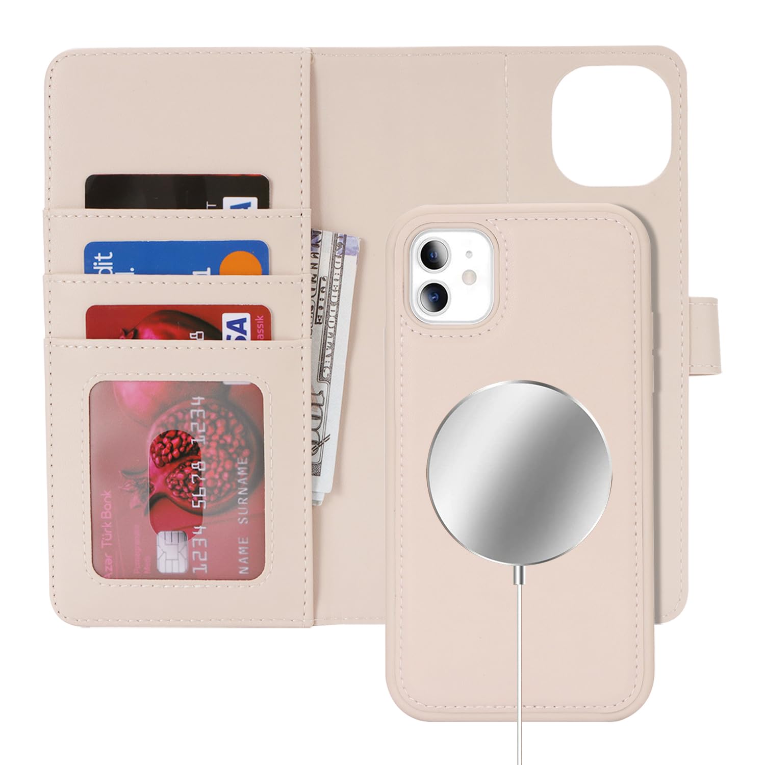 Photo 1 of ?????? for iPhone 11 Case Wallet Magsafe Compatible 2 in 1 Detachable with Card Holder Pu Leather Flip Folio Credit Card Slots Stand Magnetic Shockproof Phone Cover (6.1")-Off White