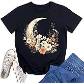 Vintage Women Boho Floral Moon Graphic T Shirt Funny Colorful Wildflowers Girl Short Sleeve Botanical Tee Tops