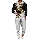 Kubsid Mens Tracksuit Set 2 Piece Long Sleeve Polo Shirt and Pants Jogging Sweatsuits Sets Casual Fashion Vacation Outfits Loungewear Gold Black Whte Color Mixed Paisley Pattern Size XL