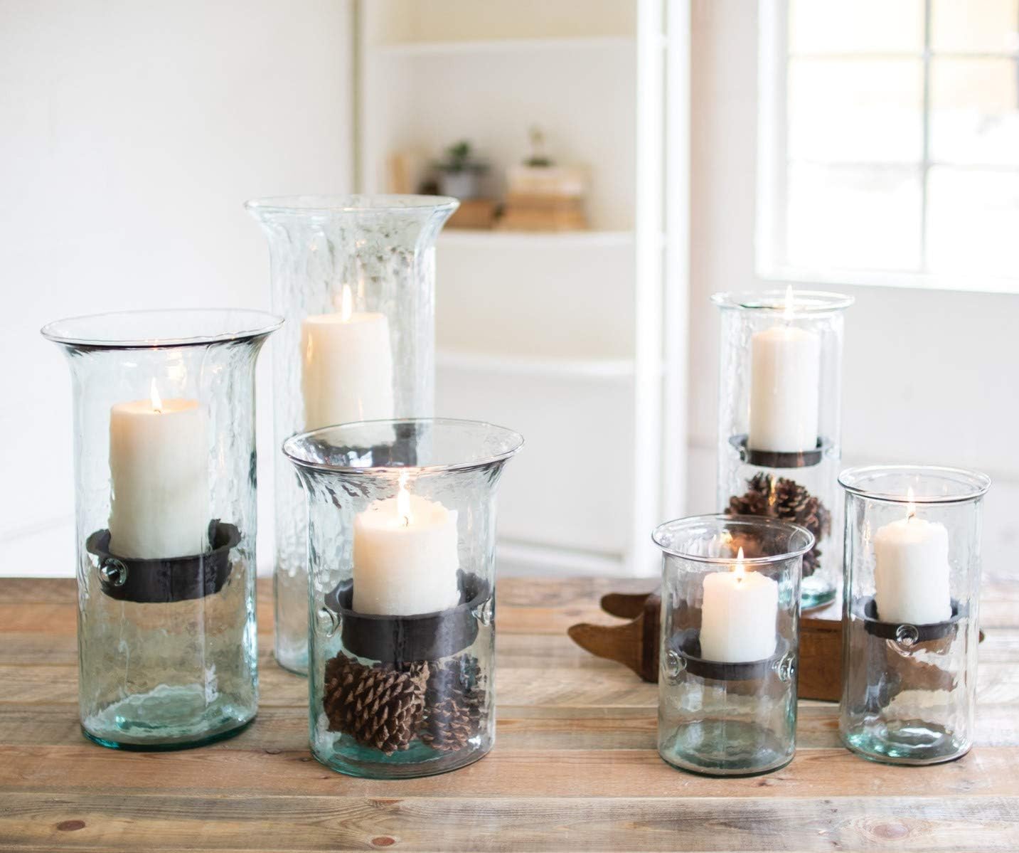 MY SWANKY HOME Recycled Glass Hurricane Votive Candle Holder Set Three Rustic Metal Insert: Furniture & Decor
