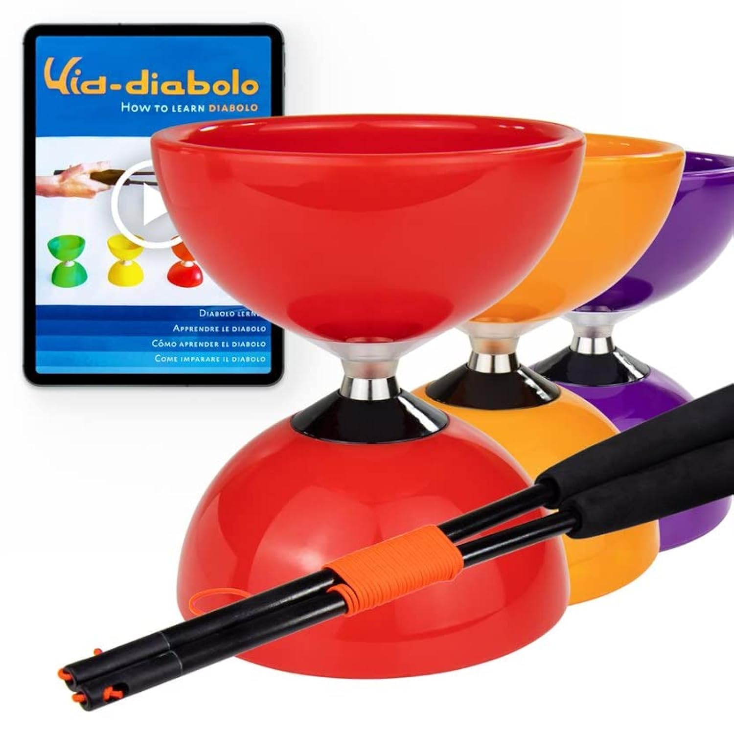 Juggle Dream Carousel Diabolo Juggling Set - Triple Ball Bearing Axle - with Super Glass Handsticks and Online Learning Video - Juggling (Red)