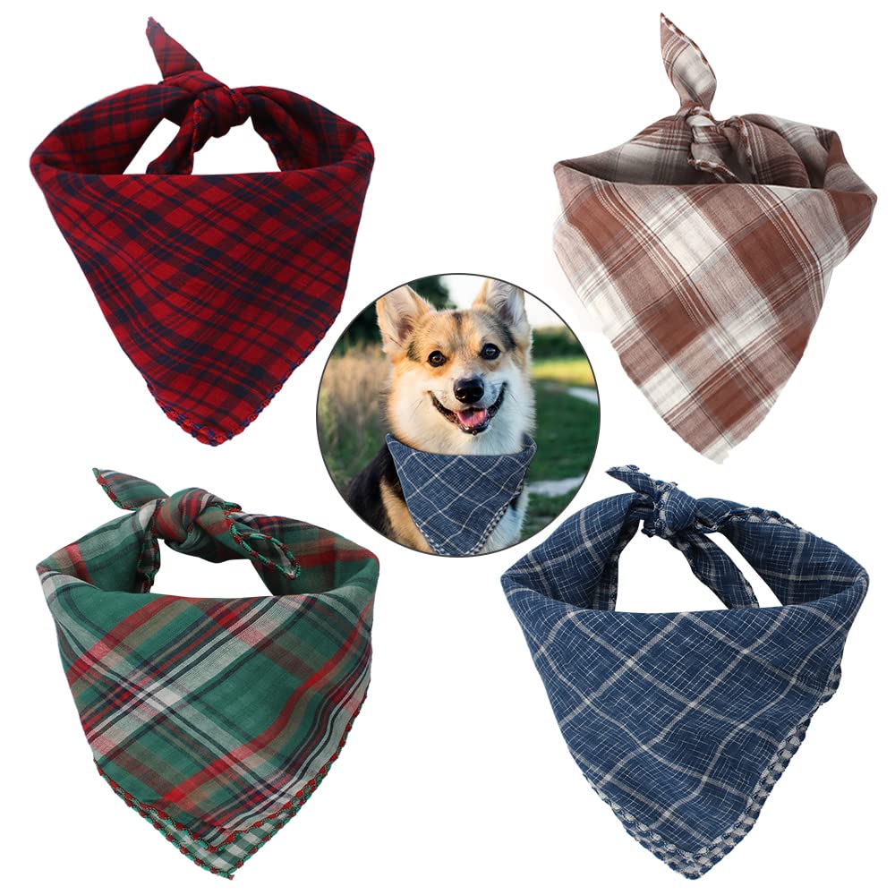 Dadabig 4 Pack Dog Bandana, Dog Kerchief Neckerchief Plaid Bibs Scarf Adjustable Reversible Triangle Bibs Scarf Accessories for Small Medium Large Dog and Cats, 4 Colors