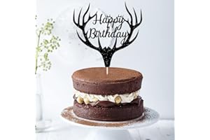 BEKATEREA Antlers Happy Birthday Cake Toppers， for Wedding/Baby Shower/Birthday Party Cake Decorating Supplies，Rustic Party Cake Toppers