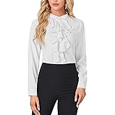 LYANER Women's Mock Neck Button Down Ruffle Front Long Sleeve Work Shirt Blouse Tops