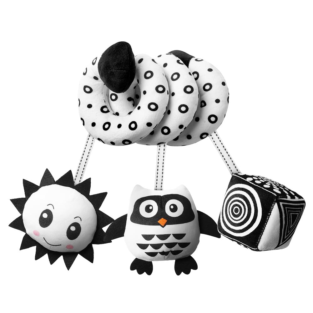 Aolso Spiral Pram Hanging Toys, Black and White, With Ringing Bell - Car Seat and Crib Sensory Activity Toy for Early Education, Owl Design