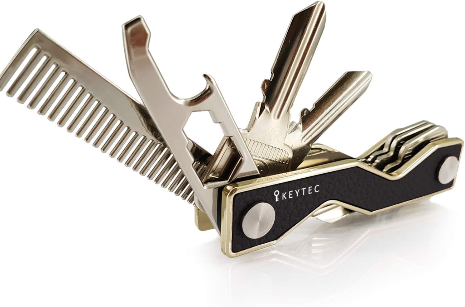 Compact Key Organizer Smart Key Holder by KEYTEC｜Leather Gold Rim｜Multitool Includes Bottle Opener Comb S-Clip Hook Expansion Accessory｜Enhanced Frame