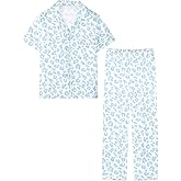 Umeyda Girls Pajamas, Satin Pjs Silk Sleepwear Comfy Family Matching 2Pcs Lightweight Loungewear Gift for Teen Kids, Blue Leopard, 13-14 Years = Tag 170