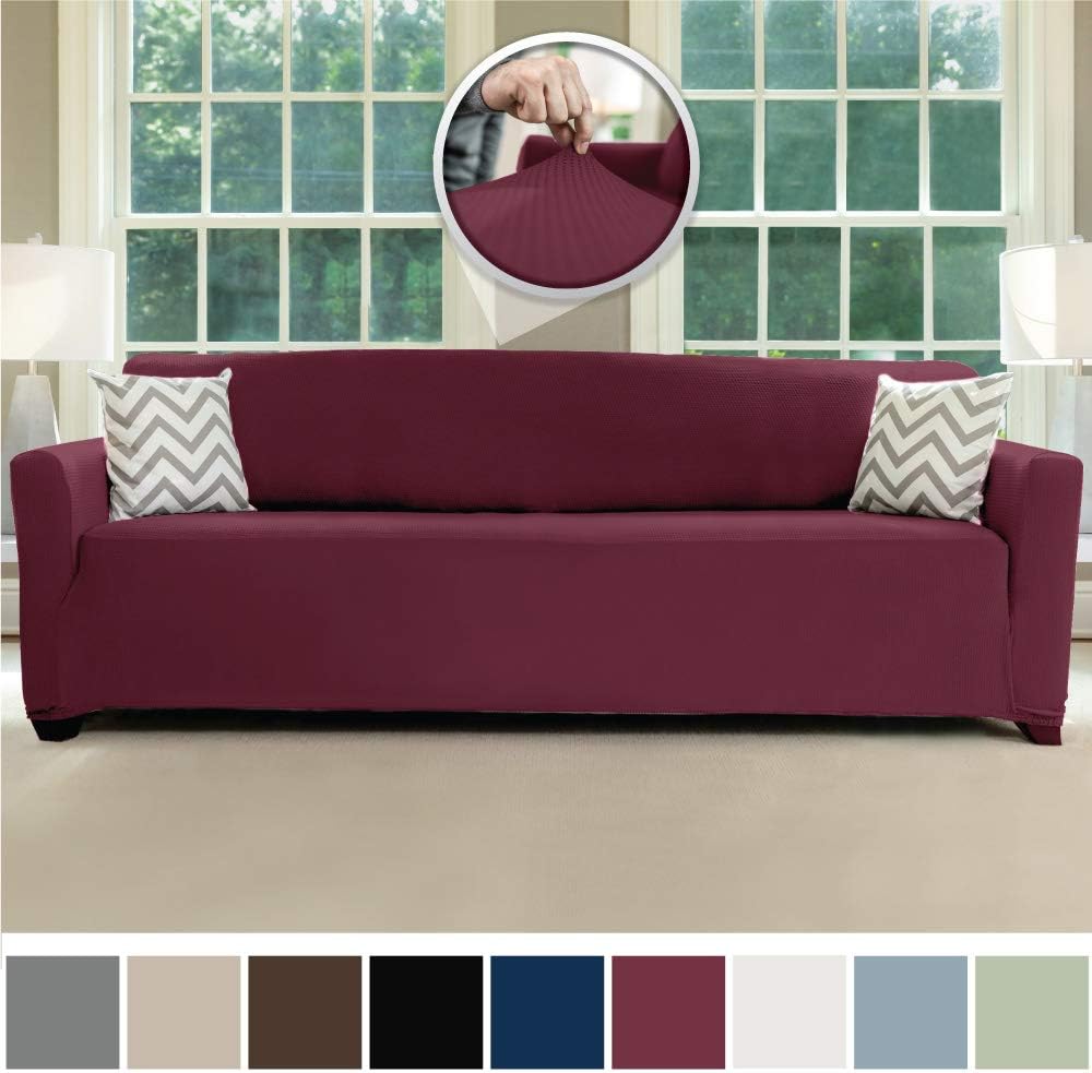 Sofa Shield Original Fitted 1 Piece X-Large Oversized Sofa Protector, Many Colors, Seat Width to 78 Inch, Stretchy Furniture Slipcover, Fastener Straps, Spandex Couch Slip Cover for Dogs, Burgundy
