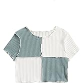 Milumia Girl's Rib Knit Color Block Crop Tee Short Sleeve Lettuce Trim Crewneck Tshirt