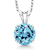 Gem Stone King 14K White Gold Swiss Blue Topaz Pendant Necklace for Women | 1.00 Cttw | Gemstone November Birthstone | Round 6MM | With 18 Inch Silver Chain