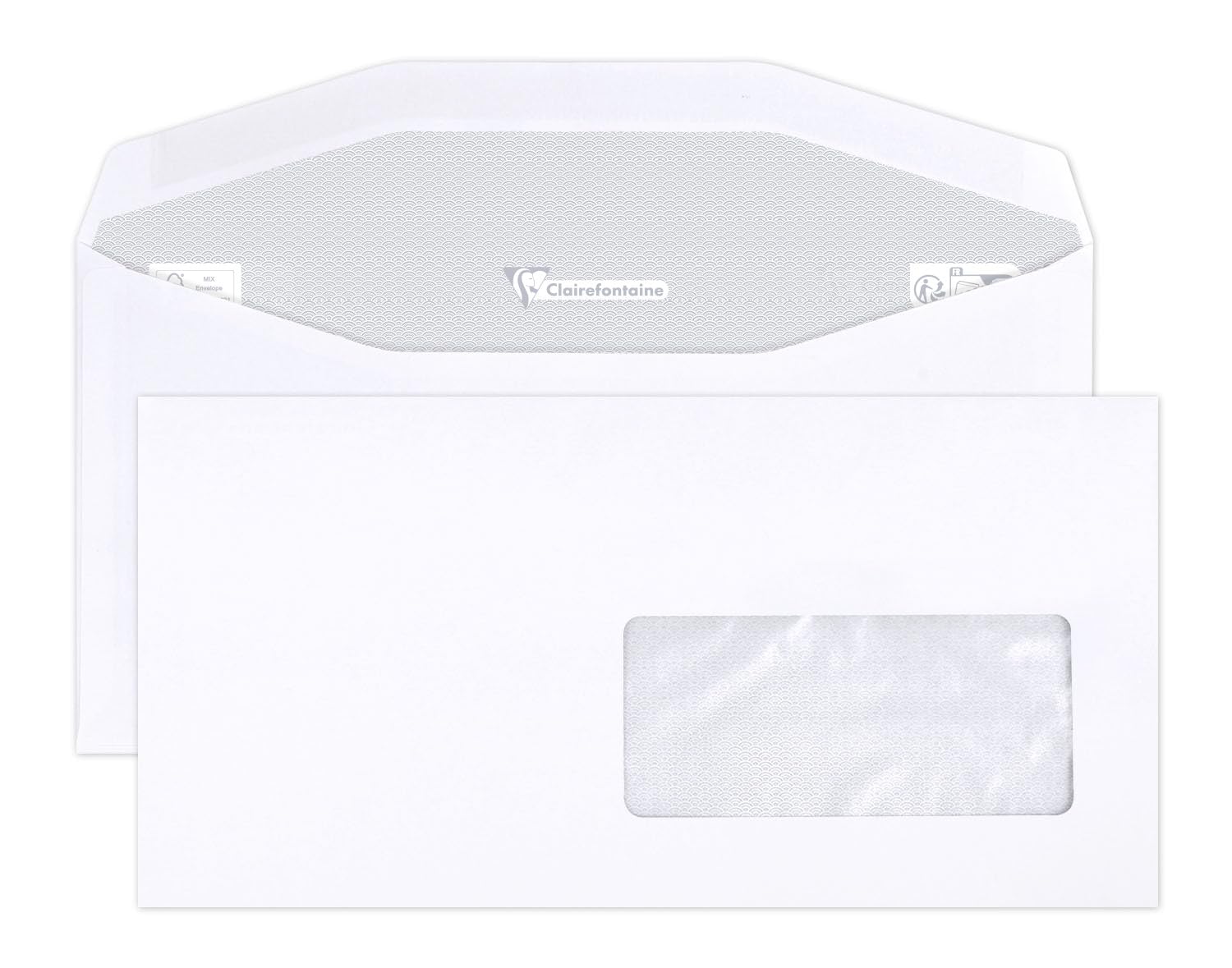 Clairefontaine 10989C - Box of 500 White Envelopes DL2-114x229mm - Gummed Flap - 80g/m² - Window Crystal Paper 45x100 (position 20/20) - for auto machine