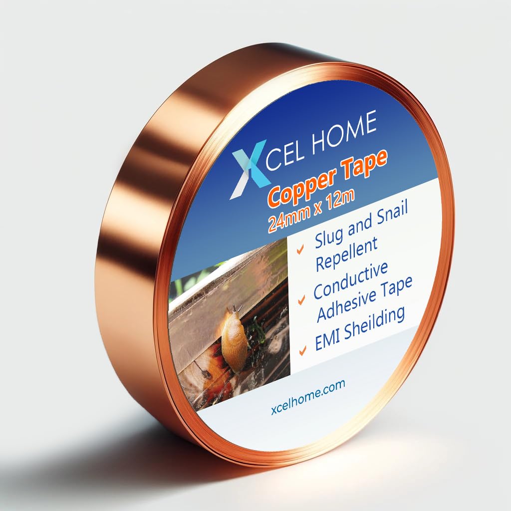 Copper Tape Slug Repellent UK, Copper Foil Snail Tape for Gardens, Plants Protection - Conductive Electrical Tape for Circuits, Repairs, EMI Shielding - DIY Arts and Crafts Stained Glass (24mm x 12m)