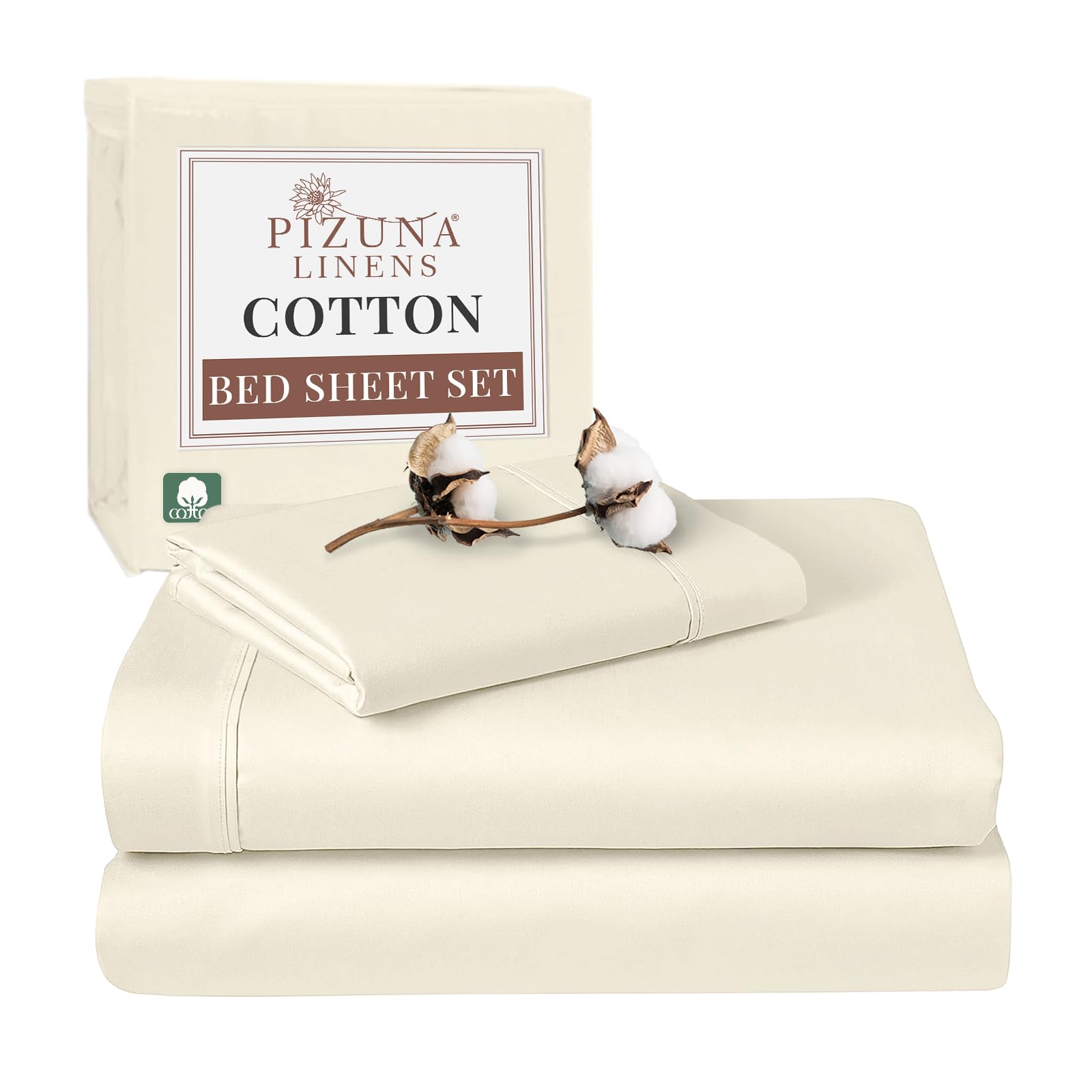 Pizuna 100% Cotton Single Bed Sheet Set Ivory, 400 Thead Count Long Staple Cotton Bedding Set 180x280 cm, Soft Sateen 3 PC Single Bed Sheet Set - Fitted Sheet, Flat Sheet & 1 Pillowcase