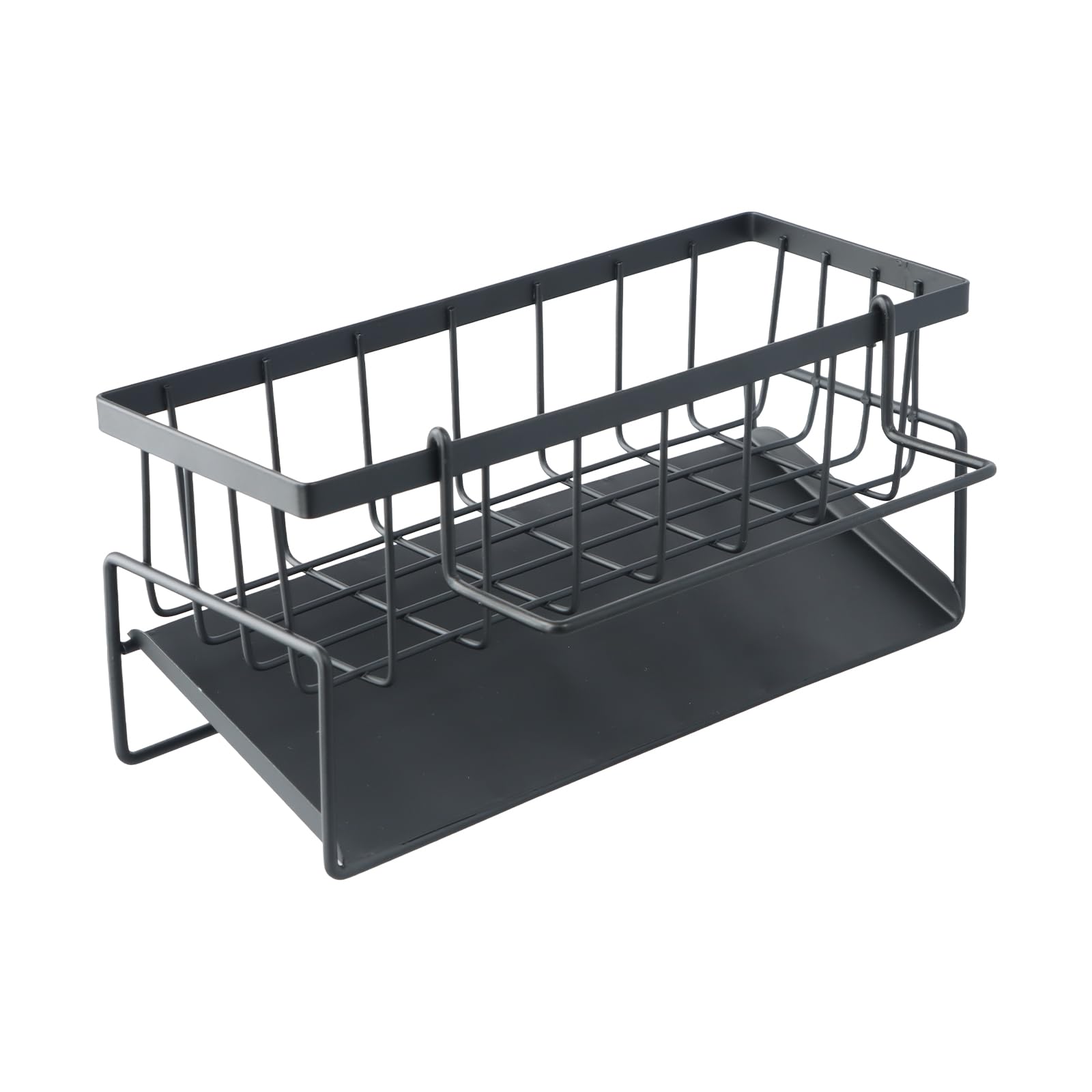 Stainless Steel Sink Organizer - Sink Caddy with Slanted Drain Tray, Towel Rack and Sponge Holder - For Kitchen and Bathroom Supplies (Black)