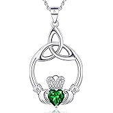 ETERMBOL Gift Birthstone Necklaces for Women 925 Sterling Silver Irish Claddagh Necklace for Women Heart Birthstone Pendant Necklace Anniversary Birthday Gifts for Wife Lady Cable Chain 18"+2"