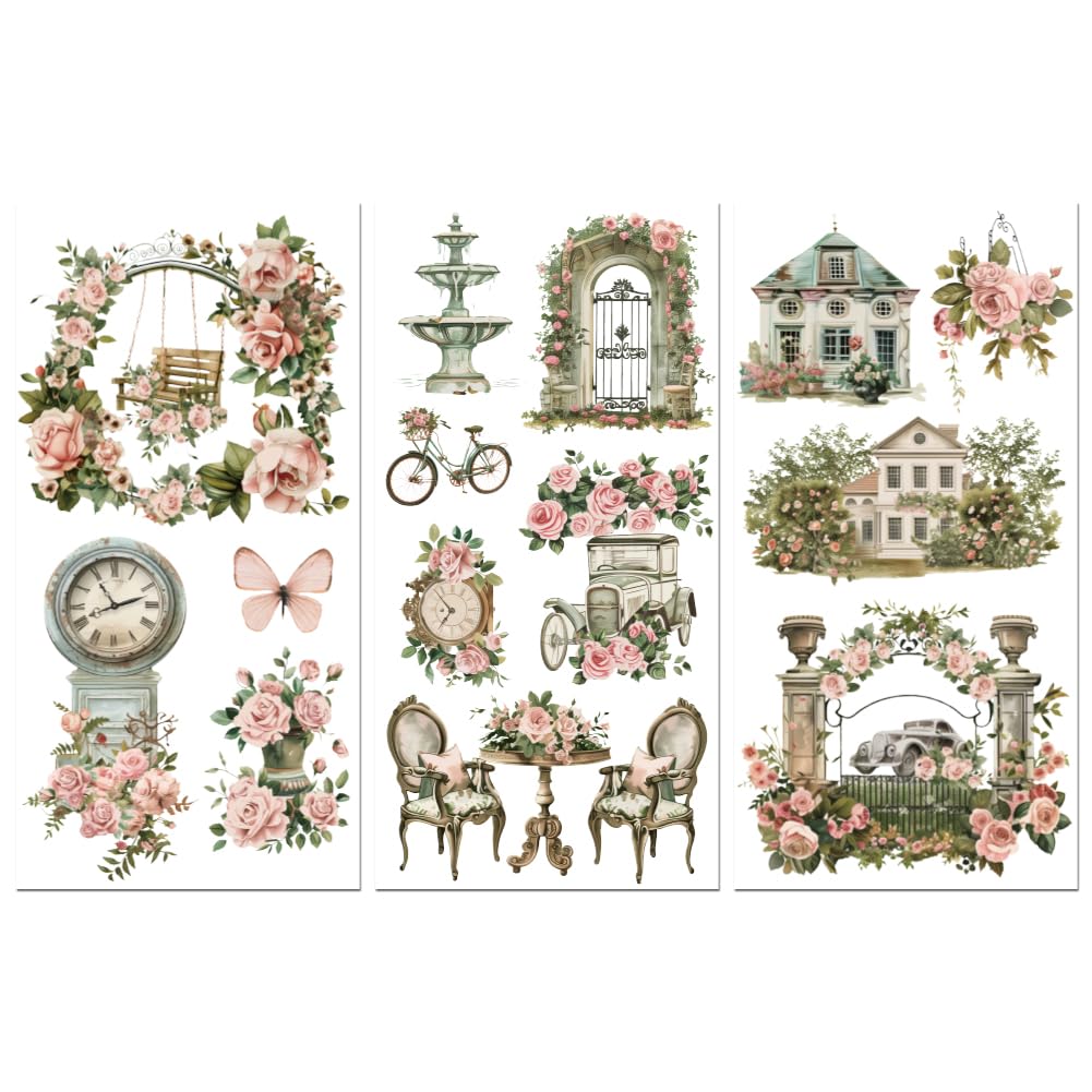 Peacoblue Baroque Rub on Transfers for Crafts 3Pcs Vintage Buildings 15cmx30cm, UV DTF Waterproof Furniture Transfer for Chest of Drawer Dresser Glass Porcelain Wood Plastic