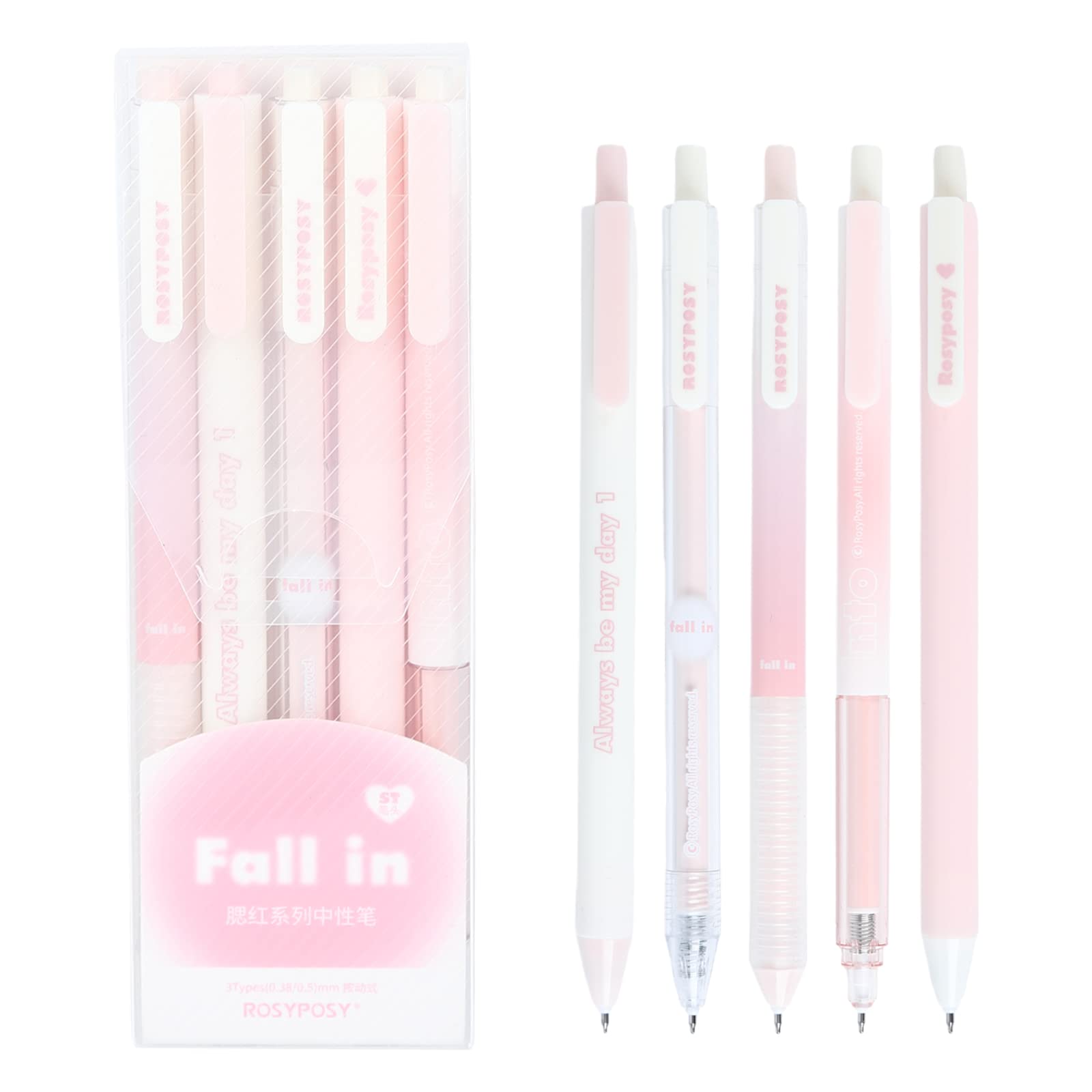 5pcs Aesthetic Gel Ink Rollerball Pens Retractable Ballpoint Pens Black Ink Pens Set, 0.38mm & 0.5mm Gel Pens Stationary Supplies, Fun Colourful Designs Writing Drawing School Office Diary