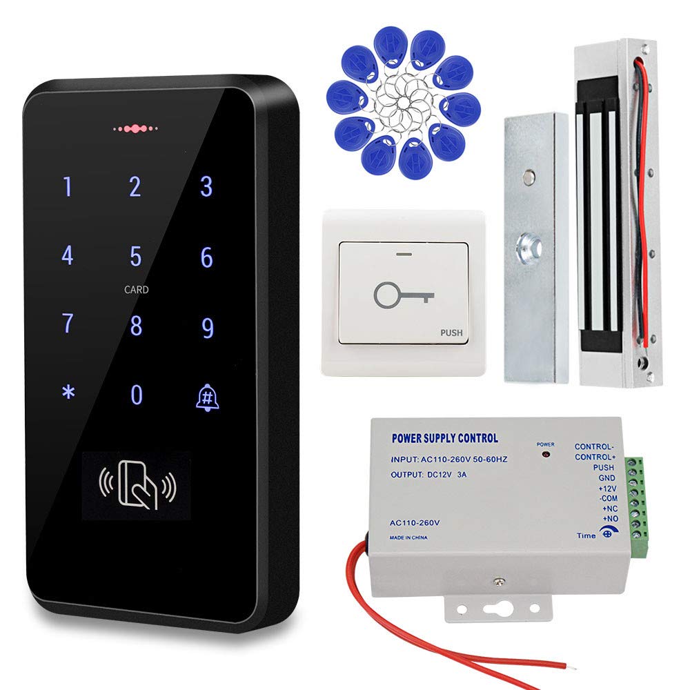 KDL IP68 Waterproof RFID Card Door Access Control System Kit Outdoor Use Keypad, DC12V Power Supply Transformer, 180kg/350lbs Holding Force Magnetic Lock with Door Release Switch, 125khZ Cards Keyfobs