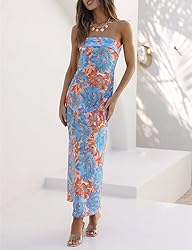 Realtix Summer Satin Print Backless Tube Tops Maxi